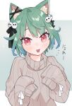  1girl :3 absurdres animal_ear_fluff animal_ears blush brown_sweater cat_ears cat_girl hair_ornament head_tilt highres hololive kemonomimi_mode looking_at_viewer lucabassiart open_mouth red_eyes ribbed_sweater short_hair skull_hair_ornament sleeves_past_fingers sleeves_past_wrists smile solo sweater uruha_rushia virtual_youtuber 