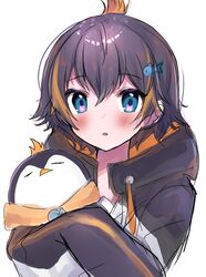  1girl :o animal bird black_hair black_hoodie fish_hair_ornament hair_behind_ear hair_ornament highres holding holding_animal holding_bird hood hoodie maru_ccy multicolored_hair nijisanji nijisanji_en open_mouth penguin petra_gurin portrait short_hair sketch solo streaked_hair two-tone_hoodie violet_eyes virtual_youtuber white_background white_hoodie 