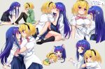  2girls animal_ears asymmetrical_docking blonde_hair blue_eyes blue_hair blush blush_stickers breast_grab breast_press breasts cat_ears cat_girl cat_tail chibi closed_eyes eru eye_contact fang furude_rika grabbing hairband hand_on_another&#039;s_face higurashi_no_naku_koro_ni houjou_satoko hug hug_from_behind kemonomimi_mode kiss kneeling large_breasts long_hair looking_at_another multiple_girls no_shoes older open_mouth pout school_uniform short_hair simple_background sitting skirt smile socks sparkling_eyes sweat tail violet_eyes wavy_mouth yuri 