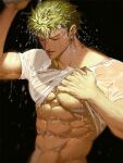  1boy abs bare_pectorals biceps closed_eyes clothes_lift earrings green_hair jewelry large_pectorals lifted_by_self long_sideburns male_focus muscular muscular_male navel one_piece parted_lips pectorals pouring_onto_self roronoa_zoro runa_(artist) scar scar_on_chest see-through shirt shirt_lift short_hair sideburns single_earring solo stitches stomach upper_body water_drop wet wet_clothes wet_hair wet_shirt white_shirt 