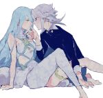  1boy 1girl adapted_costume aisutabetao alternate_costume azura_(fire_emblem) bangs barefoot blue_hair blush corrin_(fire_emblem) corrin_(fire_emblem)_(male) couple dress eye_contact face-to-face facing_another fire_emblem fire_emblem_fates hair_between_eyes hetero imminent_kiss long_hair looking_at_another manakete platinum_blonde_hair pointy_ears red_eyes short_hair very_long_hair white_hair yellow_eyes 