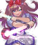  1girl :d agnes_digital_(umamusume) animal_ears bangs blue_eyes bow brown_hair commentary_request drooling dual_wielding eyebrows_visible_through_hair frilled_skirt frills glowstick hair_bow holding horse_ears horse_girl horse_tail long_hair looking_at_viewer open_mouth puffy_short_sleeves puffy_sleeves red_bow school_uniform short_sleeves skirt smile solo tadano_magu tail tracen_school_uniform umamusume 