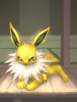  blurry closed_mouth commentary_request electricity full_body gen_1_pokemon highres jolteon kikuyoshi_(tracco) looking_at_viewer lying no_humans on_stomach paws pokemon pokemon_(creature) solo toes white_fur yellow_fur 