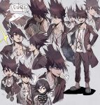 2boys :d aoki_(fumomo) bangs brown_hair checkered checkered_neckwear checkered_scarf chibi clenched_hand collarbone commentary_request dangan_ronpa_(series) dangan_ronpa_v3:_killing_harmony expressions facial_hair frown full_body goatee grey_background hair_between_eyes hand_on_hip hand_up hands_on_hips jacket long_hair long_sleeves looking_at_viewer male_focus momota_kaito multiple_boys open_mouth ouma_kokichi pants print_shirt scarf school_uniform shaded_face shirt short_hair simple_background smile solo_focus spiky_hair standing sweat translation_request trembling upper_body white_shirt 