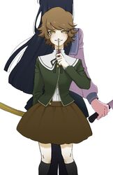  1boy 1girl arm_at_side back-to-back bangs black_legwear black_skirt brown_hair commentary_request dangan_ronpa:_trigger_happy_havoc dangan_ronpa_(series) feet_out_of_frame fujisaki_chihiro green_jacket green_ribbon grey_background hand_up highres holding holding_knife holding_wrench jacket kneehighs knife long_hair long_sleeves looking_at_viewer maizono_sayaka miniskirt mokuzou_(mokumokuzo) neck_ribbon otoko_no_ko pantyhose pink_shirt ribbon shirt short_hair simple_background skirt standing teeth weapon white_background wrench 