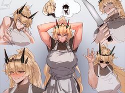  1boy 1girl apron armpits arms_behind_head arms_up bangs biceps black_hair black_shirt blonde_hair blue_eyes blush breasts brown_shirt chibi fairy_knight_gawain_(fate) fate/grand_order fate_(series) green_eyes hair_between_eyes highres horns knife large_breasts long_hair looking_at_viewer meme multiple_views muscular muscular_female obazzotto ponytail salt_bae_(meme) shaded_face shirt short_hair sketch sleeveless sleeveless_shirt smile sunglasses thought_bubble toned tying_hair white_apron 