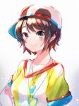  1girl blue_eyes brown_hair cawang closed_mouth eyebrows_visible_through_hair hat highres hololive looking_at_viewer oozora_subaru shirt short_hair short_sleeves smile solo striped striped_shirt vertical-striped_shirt vertical_stripes virtual_youtuber whistle whistle_around_neck white_headwear 