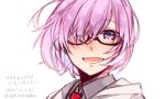  1girl bangs eyebrows_behind_hair eyebrows_visible_through_hair fate/grand_order fate_(series) glasses hair_over_one_eye looking_at_viewer mash_kyrielight necktie open_mouth purple_hair sakino_saku shirt simple_background smile solo upper_body violet_eyes white_background 