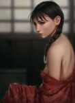  1girl asano_rin bangs black_hair blade_of_the_immortal blurry blurry_background braid brown_eyes face from_side hair_ornament hair_over_shoulder highres japanese_clothes kimono lips long_hair miura-n315 off_shoulder realistic ring_hair_ornament solo 