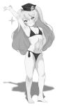  1girl absurdres arm_up armpits azur_lane bache_(azur_lane) barefoot bikini blush cala_t_maki_72 fang fang_out flat_chest full_body greyscale hand_on_hip hat highres long_hair looking_at_viewer micro_bikini monochrome navel smile solo swimsuit twintails 