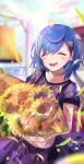  1girl ^_^ bell blue_hair blurry blurry_background blush bouquet closed_eyes collarbone dolphin_hair_ornament dress flower hair_behind_ear highres holding holding_bouquet leaf nijisanji nishizono_chigusa purple_dress short_hair smile solo soramati_koh sunflower sunlight virtual_youtuber 