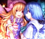  2girls american_flag_shirt bangs black_background blonde_hair blue_bow blue_dress blue_hair blue_shirt bow breasts cirno clownpiece collar detached_sleeves dress eyebrows_visible_through_hair fairy_wings fire hair_between_eyes hat highres ice ice_wings jester_cap long_hair looking_at_viewer medium_breasts mozuno_(mozya_7) multicolored multicolored_clothes multicolored_shirt multiple_girls open_mouth pink_eyes pink_headwear red_shirt shirt short_hair short_sleeves simple_background sleeveless sleeveless_shirt smile star_(symbol) star_print striped striped_shirt touhou violet_eyes white_shirt white_sleeves wings 