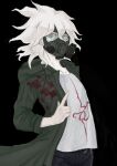  1boy absurdres bangs black_background black_pants blush chain commentary_request dangan_ronpa_(series) dangan_ronpa_2:_goodbye_despair denim gas_mask green_jacket grey_hair hand_up highres hood hood_down jacket komaeda_nagito long_sleeves looking_at_viewer male_focus messy_hair open_clothes open_jacket pants print_shirt sema_(vivaviva_02) shirt simple_background solo white_hair 