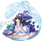  1girl :o ankle_ribbon ark_order artist_request bangs barefoot black_hair black_panties black_ribbon coral dress fish frilled_dress frills hair_ornament jellyfish long_hair long_sleeves looking_at_viewer low_twintails nakisawame_(ark_order) official_art panties red_eyes ribbon rock sand sea_anemone side-tie_panties sitting solo spaghetti_strap star_(symbol) star_hair_ornament starfish tachi-e toenails twintails underwear wariza water waves wet wet_clothes wet_dress white_dress 