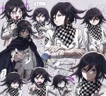  1boy angry aoki_(fumomo) bangs black_headwear book buttons cape checkered checkered_neckwear checkered_scarf clenched_hand commentary_request crossed_arms dangan_ronpa_(series) dangan_ronpa_v3:_killing_harmony double-breasted foaming_at_the_mouth grey_background hair_between_eyes hand_up jacket long_sleeves looking_at_viewer male_focus open_book ouma_kokichi pointing pointing_at_viewer scarf shaded_face short_hair simple_background smile star-shaped_pupils star_(symbol) straitjacket sweat symbol-shaped_pupils violet_eyes 