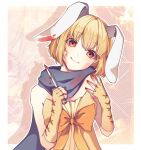  1girl animal_ears bangs bare_shoulders blonde_hair blood bloody_weapon border bow brown_gloves closed_mouth eyebrows_visible_through_hair fingerless_gloves gloves green_scarf hands_up head_tilt holding holding_knife knife looking_at_viewer orange_bow rabbit_ears red_nails scarf shiny shiny_hair short_hair smile solo utau weapon white_border yen-mi 
