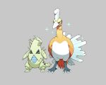 alternate_color bird claws closed_mouth commentary_request gen_2_pokemon grey_background highres ho-oh komepan legendary_pokemon looking_up open_mouth pokemon shiny_pokemon simple_background sparkle standing talons tongue tyranitar 