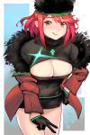  1girl bangs black_gloves breasts cleavage_cutout clothing_cutout dress fur-trimmed_jacket fur_trim gloves hat highres jacket large_breasts neon_trim pyra_(xenoblade) red_eyes redhead robot_cat short_dress short_hair swept_bangs xenoblade_chronicles_(series) xenoblade_chronicles_2 