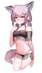  1girl absurdres animal_ears arknights bangs bare_shoulders beudelb bikini black_bikini black_ribbon blush closed_mouth collarbone commentary cowboy_shot extra_ears eyebrows_visible_through_hair flat_chest fox_ears fox_girl fox_tail grey_eyes highres korean_commentary looking_at_viewer navel off-shoulder_bikini off_shoulder official_alternate_costume pink_hair ribbon see-through short_hair side-tie_bikini simple_background stomach sussurro_(arknights) sussurro_(summer_flowers)_(arknights) swimsuit tail white_background 