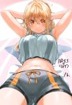  1girl absurdres armpits arms_behind_head arms_up bad_perspective bangs blonde_hair blush bokutachi_no_remake breasts character_request check_character cowboy_shot crop_top grey_background grey_shirt highres kogure_nanako large_breasts long_hair looking_at_viewer lying midriff multicolored multicolored_background navel on_back orange_eyes shiny shiny_hair shirt shorts sleeveless smile solo striped translation_request yanngoto 