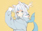  1girl animal_ear_fluff animal_ears animal_hood blue_eyes blue_hair blue_hoodie blush cat_ears commentary fish_tail gawr_gura goodbye_sengen_(vocaloid) green_nails hair_ornament hololive hololive_english hood hoodie looking_at_viewer multicolored_hair ok_sign parody shark_hair_ornament shark_hood shark_tail short_hair short_twintails shouu-kun simple_background smile solo streaked_hair tail twintails upper_body v white_hair yellow_background 