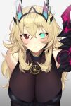  1girl blonde_hair blush breasts darkness fairy_knight_gawain_(fate) fate/grand_order fate_(series) hands_on_own_thighs heterochromia huge_breasts jewelry leaning_forward pendant tan_(inka) 