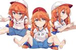  1girl bangs barefoot baseball_cap blue_shorts blush braid breasts hat leaning_forward long_hair looking_at_viewer multiple_views name_tag open_mouth orange_hair outstretched_arms pkpkpppk princess_connect! shirt short_sleeves shorts sitting small_breasts spread_legs stretch thighs twin_braids violet_eyes white_shirt yuni_(princess_connect!) 