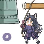  1girl animal_ears arknights bell black_hair black_kimono brown_eyes dog-san dog_ears dog_girl dog_tail facial_mark fingerless_gloves forehead_mark geta gloves japanese_clothes kimono knee_pads long_hair long_sleeves open_mouth pants purple_gloves purple_pants saga_(arknights) signature simple_background smile solo tail tail_wagging white_background wide_sleeves 