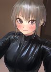  1girl blush bodysuit breasts closed_mouth eyebrows_visible_through_hair grey_eyes grey_hair highres kilye_kairi large_breasts latex latex_bodysuit looking_at_viewer original pink_pupils short_hair skin_tight smile solo upper_body 