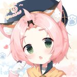 1girl absurdres animal_ears bangs_pinned_back blush cat_ears chestnut_mouth choker commentary_request detached_sleeves diona_(genshin_impact) genshin_impact gloves green_eyes hair_ribbon hat head_tilt highres looking_at_viewer parted_lips paw_pose pink_hair ribbon shi_zhuzi_da short_hair sidelocks solo thick_eyebrows white_gloves 