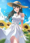  1girl :d arm_behind_back b449 black_eyes black_hair blue_bow blue_ribbon blue_sky blurry blurry_foreground bow clothing_cutout clouds day dress field floating_hair flower flower_field hat hat_bow hat_ribbon highres long_hair open_mouth original outdoors ribbon shiny shiny_hair shoulder_cutout sky sleeveless sleeveless_dress smile solo standing straw_hat summer sun_hat sundress sunflower white_bow white_dress yellow_flower yellow_headwear 