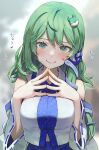  1girl bangs bare_shoulders blue_bow blue_ribbon blue_skirt blurry blurry_background blush bow breasts closed_mouth commentary_request detached_sleeves frog_hair_ornament green_eyes green_hair hair_ornament hair_tubes hands_up heart highres kochiya_sanae large_breasts long_hair looking_at_viewer nail_polish ribbon ribbon-trimmed_sleeves ribbon_trim shirt simple_background skirt sleeveless sleeveless_shirt smile snake_hair_ornament solo steepled_fingers syuri22 touhou very_long_hair wavy_mouth white_shirt wide_sleeves wing_collar yellow_nails 