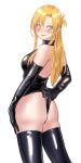  1girl ass asuna_(sao) bare_shoulders black_gloves black_leotard blonde_hair blush braid breasts cowboy_shot elbow_gloves french_braid gloves halterneck highres kilye_kairi latex latex_gloves latex_leotard leotard leotard_pull long_hair looking_at_viewer looking_back parted_lips simple_background smile solo standing sword_art_online thigh-highs thong_leotard wedgie white_background yellow_eyes 