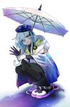  1boy arknights bangs beret blue_hair blue_headwear boots cloak closed_mouth clothing_cutout elbow_gloves gloves hat hood hooded_cloak infection_monitor_(arknights) long_hair mizuki_(arknights) otoko_no_ko solo umbrella vegetable_osamuta violet_eyes waving 