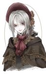  1girl absurdres ascot bangs bloodborne bonnet cloak closed_mouth commentary_request cravat dress flower green_eyes hat highres long_hair looking_at_viewer plain_doll rose simple_background solo swept_bangs white_background white_hair yonglai_tian 