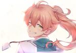  1boy fate_(series) floating_hair from_behind green_eyes hair_between_eyes labcoat lanyard long_hair looking_at_viewer male_focus one_eye_closed ponytail portrait romani_archaman simple_background smile solo try white_background 