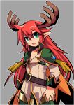  1boy antlers bangs cape commentary_request cowboy_shot emon-yu eyebrows_visible_through_hair fang genetic_(ragnarok_online) green_eyes green_shorts grey_background hair_between_eyes jacket long_hair long_sleeves looking_at_viewer male_focus open_mouth orange_cape pointy_ears ragnarok_online redhead shorts simple_background skin_fang solo tassel white_jacket 