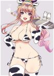  1girl animal_print bikini bottle breasts cow_print grey_background grimms_notes hair_ornament highres huge_breasts jewelry long_hair midriff milk_bottle navel open_mouth pink_hair ponytail reward_available shadow_morgiana simple_background smile solo swimsuit utani_(punishment) violet_eyes 