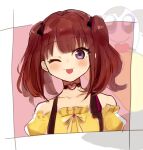  1girl bangs choker collarbone eyebrows_visible_through_hair frilled_shirt frills hair_behind_ear lee_roha nijisanji nijisanji_kr off-shoulder_shirt off_shoulder one_eye_closed sakura_ai shirt sketch smile solo tongue tongue_out twintails violet_eyes virtual_youtuber yellow_shirt 