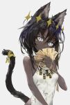  1girl animal_ears bangosu bangs bare_shoulders black_hair black_nails breasts cat_ears cat_tail colored_skin commentary_request covering_mouth dark_skin dress egypt egyptian grey_background grey_skin hand_up highres holding looking_at_viewer original simple_background small_breasts solo sparkle tail tail_raised upper_body white_dress white_eyes 