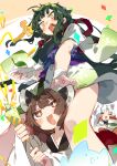  3girls ^^^ animal_ears bandaged_wrist bangs bare_legs black_bow bob_cut bow breasts brown_hair cake carrying closed_eyes commentary_request confetti embarrassed feet_out_of_frame food fox_ears green_hair green_hairband green_kimono hair_bow hairband holding holding_food holding_party_popper japanese_clothes karei kimono long_hair looking_down looking_up medium_breasts multiple_girls obi open_mouth orange_background parted_bangs party_popper pea_pod red_eyes riding sash shaved_ice short_hair shoulder_carry sidelocks simple_background surprised symbol-shaped_pupils touhoku_itako touhoku_kiritan touhoku_zunko upper_body very_long_hair voiceroid white_background white_hair white_kimono yellow_eyes |d 