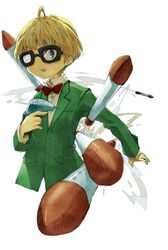  1boy ahoge black-framed_eyewear blonde_hair blue_eyes bow bowtie green_shirt jeff_andonuts long_sleeves looking_at_viewer male_focus misoshiru_utoma mother_(game) mother_2 open_mouth pocket red_bow rocket shirt simple_background solo upper_body 