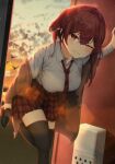  1girl :/ absurdres apartment bent_over bird breasts cattonyan clouds hair_ribbon highres hololive houshou_marine large_breasts necktie one_eye_closed plaid plaid_skirt pleated_skirt redhead ribbon school_uniform skirt sunset thigh-highs twintails uniform virtual_youtuber 