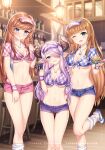  3girls ;d bangs blue_eyes commentary_request copyright_request crop_top eyebrows_visible_through_hair front-tie_top green_eyes highres holding holding_tray horns indoors long_hair looking_at_viewer multiple_girls navel one_eye_closed open_mouth pink_shorts purple_hair purple_shorts sannio short_shorts shorts smile standing standing_on_one_leg stomach tray wooden_floor 