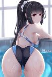  1girl ass black_hair commentary_request competition_swimsuit cowboy_shot from_behind highres isokaze_(kancolle) kantai_collection katsumi-kun long_hair looking_at_viewer looking_back multicolored multicolored_clothes multicolored_swimsuit one-piece_swimsuit ponytail red_eyes sidelocks soaking_feet solo swimsuit water 