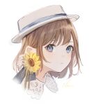  1girl bangs black_ribbon blue_eyes boater_hat brown_hair closed_mouth commentary_request expressionless face flower hair_ribbon hat highres ikoan looking_at_viewer original portrait ribbon short_hair signature simple_background solo sunflower white_background white_headwear yellow_flower 