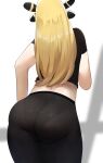  1girl alternate_costume ass black_pants black_shirt blonde_hair cowboy_shot cynthia_(pokemon) facing_away from_behind hair_ornament highres leaning_forward pants pokemon sana!rpg shirt short_sleeves solo tight tight_pants white_background yoga_pants 