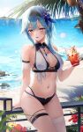  1girl absurdres arm_strap bare_shoulders beach bikini black_bikini blue_hair breasts cowboy_shot cup day drinking_glass eula_(genshin_impact) genshin_impact hairband highres holding looking_at_viewer medium_breasts medium_hair mismatched_bikini multi-strapped_bikini naru_0 navel open_mouth outdoors single_thighhigh solo stomach string_bikini sunlight swimsuit thigh-highs thigh_strap thighs white_bikini white_legwear yellow_eyes 