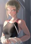  1girl bare_shoulders blush breasts bright_pupils closed_mouth competition_swimsuit grey_eyes grey_hair heterochromia highres kilye_kairi large_breasts looking_at_viewer one-piece_swimsuit original pink_eyes shirt sidelocks smile solo swimsuit undressing upper_body white_pupils white_shirt 