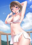  1girl arm_up armpits bangs bare_arms bare_shoulders bikini blue_eyes blue_sky blush breasts brown_hair clouds collarbone commentary_request cowboy_shot day groin hand_up highres large_breasts looking_at_viewer mouth_hold navel original short_hair sky smile solo standing stomach swimsuit tatsumiya_kagari thighs white_bikini 